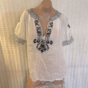 J.Crew Size 12 White/Black 3/4 Cuff Sleeve V/Slit Neck Hippie Blouse NWT